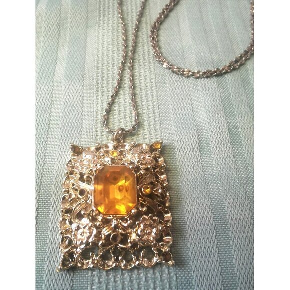 Vint. 80s Silver Tone Necklace Citrine Glass Pendant Accent Stones Some Missing - Picture 4 of 8